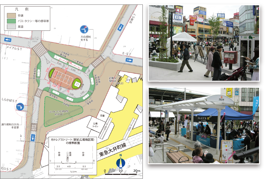 左：整備計画案【図】　右：整備後の駅前広場【写真】
